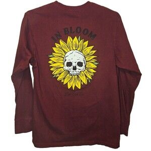 Last Call Co. “In Bloom” Skull Sunflower Long Sleeve T-Shirt Maroon Mens S Small